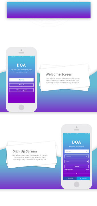 "DOA" Mobile UI - Log in and sign up page...