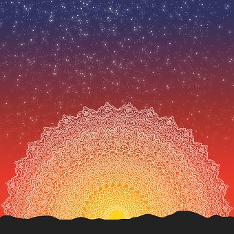 Mandala graphic design with sunset sky