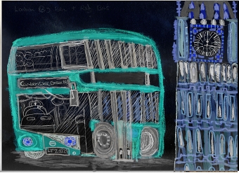 London Big Ben and Red bus painting and felt tip pen inverse design