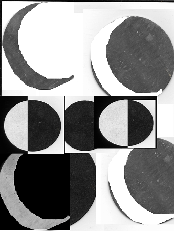 Different phases of moon, half moon, eclipse